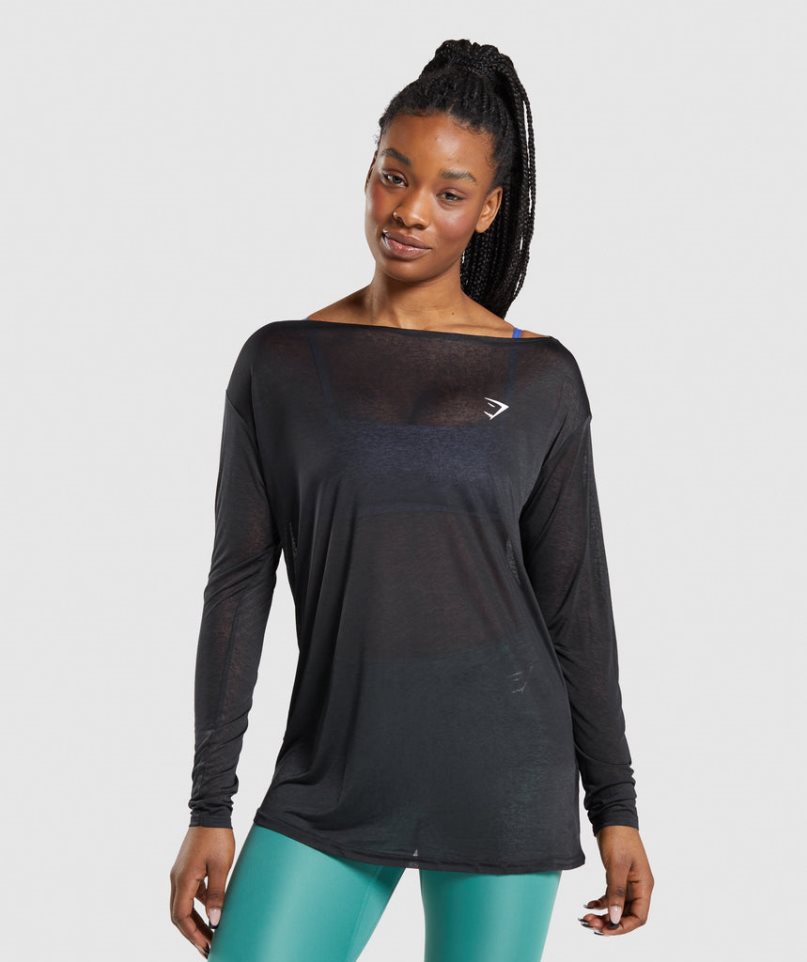 Women\'s Gymshark Training Oversized Long Sleeve Tee T-Shirts Black | CA 158703